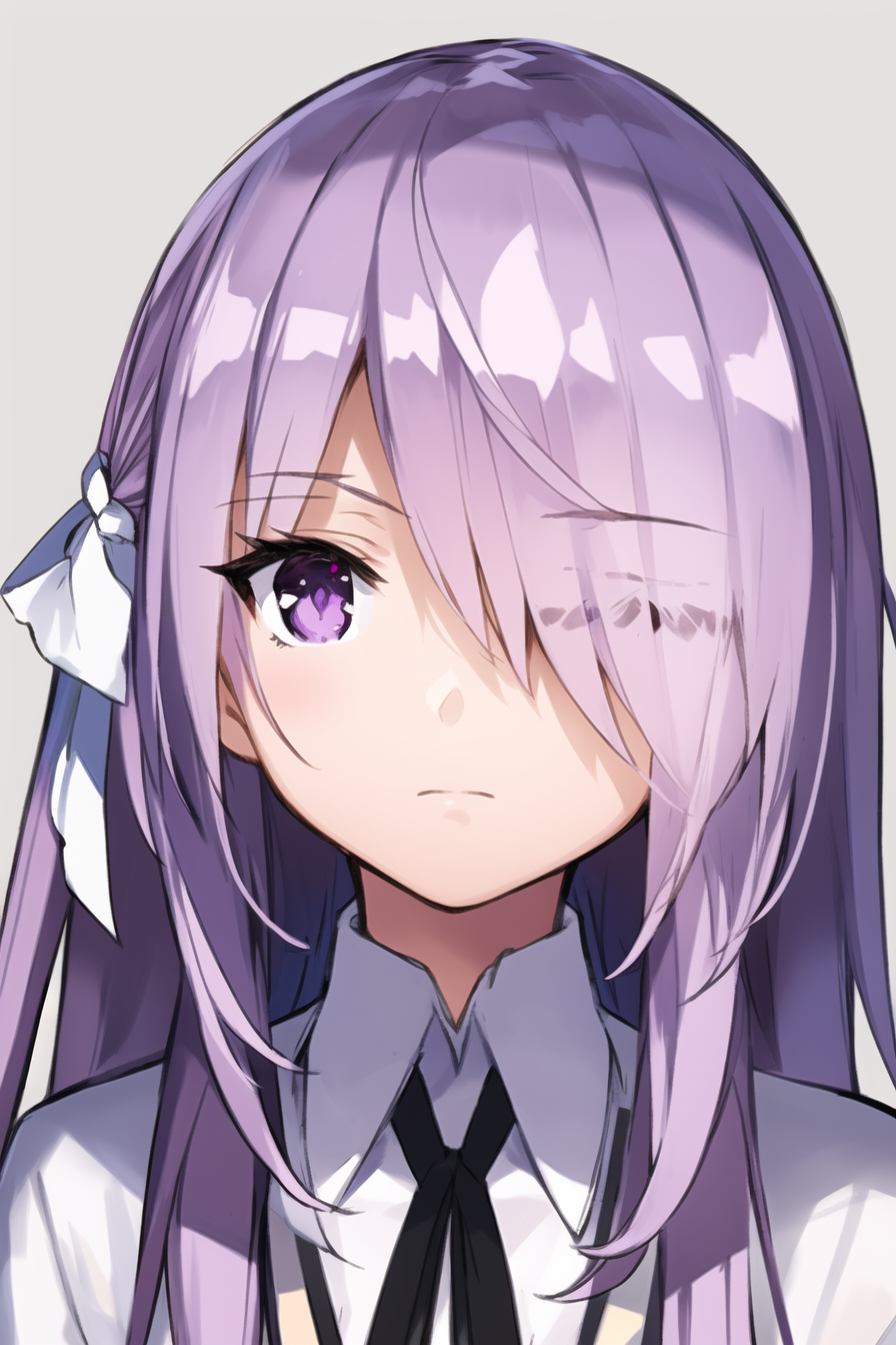 20870-1792443200-1girl, solo, long hair, purple eyes, portrait, shirt, ribbon, white shirt, hair ribbon, collared shirt, purple hair, white ribbo.png
